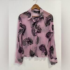 New York & Company Sheer Paisley Button Down Blouse XL Y2K Retro